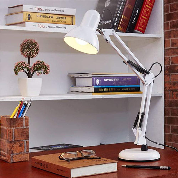 White Articulated Industrial Desk Lamp Adjustable Arm Clamp Base E27