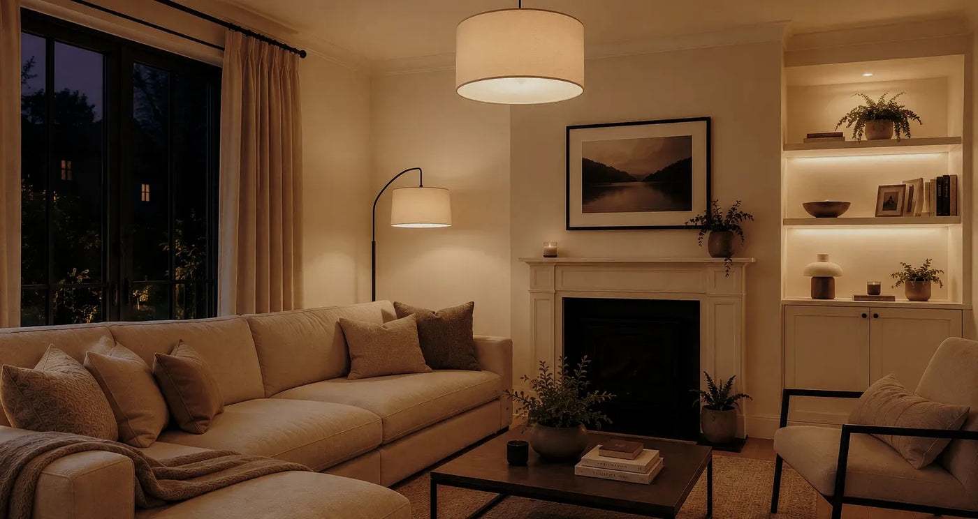 A cozy living room at dusk with a beige sectional sofa, matching pillows, a black coffee table, a white fireplace with framed wall art, a floor lamp, and built-in shelving with plants and books. Warm ambient lighting illuminates the space.