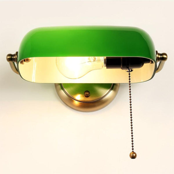 Banker's Lamp Wall Light Opal Green Glass Brass E27 Pull Cord