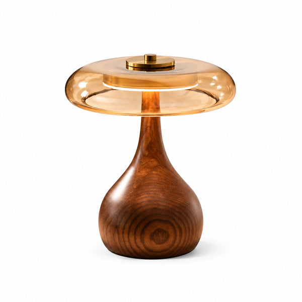 Amber Glass and Wood LED Table Lamp
