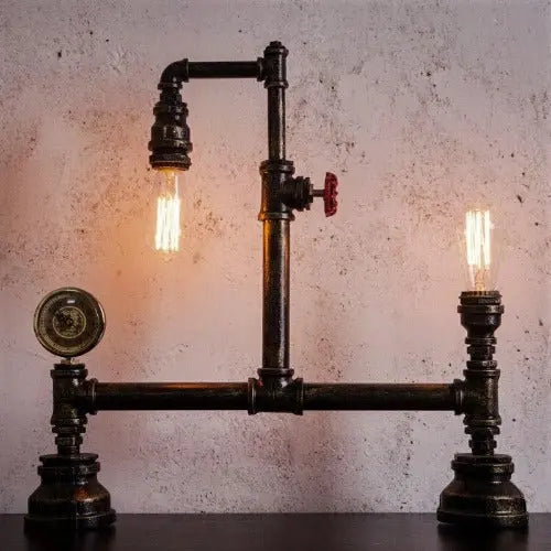 Wide Industrial Pipe Table Lamp Black Red Valve E27