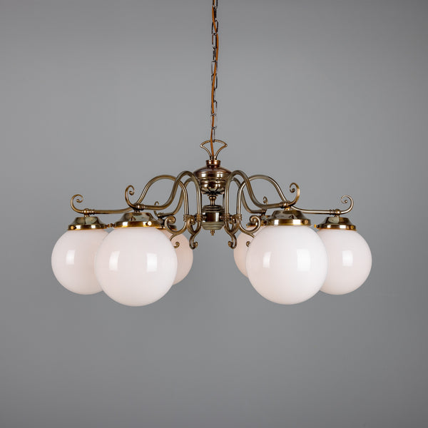 Six-Light Brass Chandelier Opal Glass Globes Ø95cm 6×E27 4 Finishes