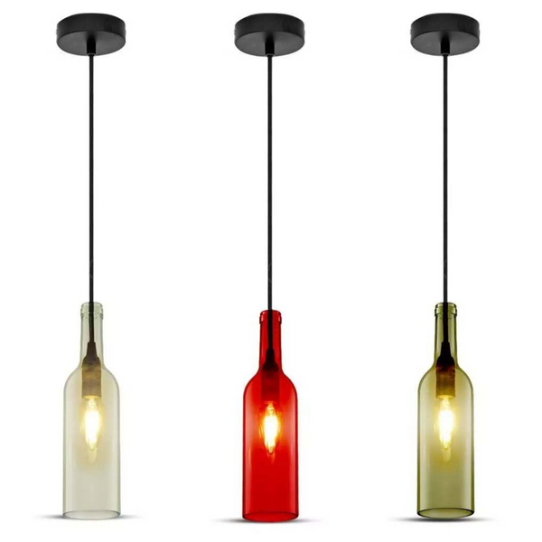 Wine Bottle Pendant Light Tinted Glass E14 — Clear, Red or Bottle Green