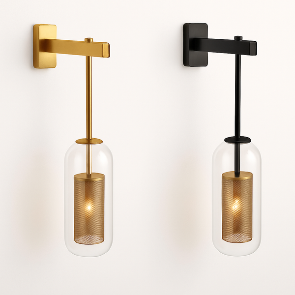 Industrial Glass Capsule Wall Light — E27, Metal Mesh Inner, Black or Gold Copper