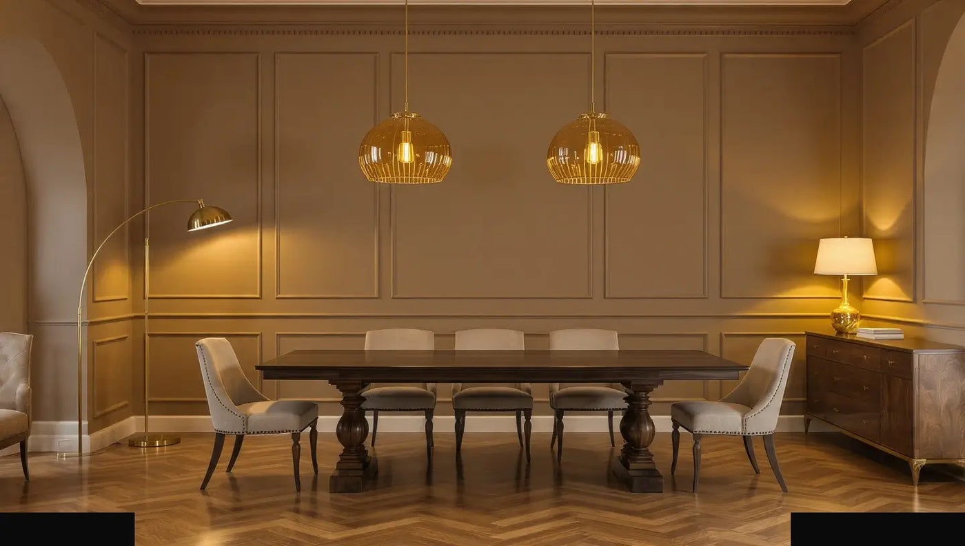 Dining room with a wooden table and chairs, illuminated by gold pendant lights.
