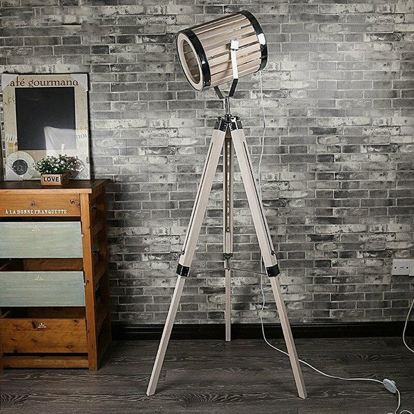 White Industrial Barrel Cinema Floor Lamp Wood Metal E27