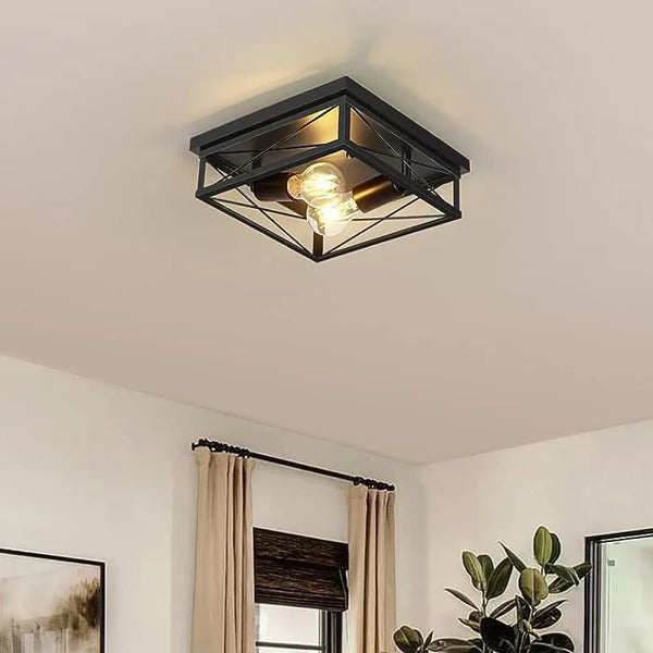 Industrial Black Square Metal Ceiling Light E27 — 2-Light 25cm