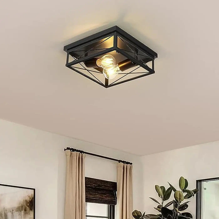Industrial Black Square Metal Ceiling Light E27 — 2-Light 25cm