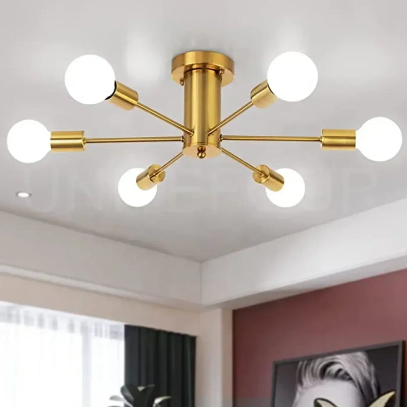 Industrial Ceiling Light 6-Arm Exposed Bulbs E26 Black Gold