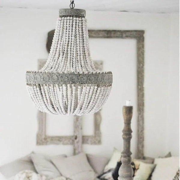 Vintage Round Wooden Beaded Chandelier Iron E27 48cm 56cm
