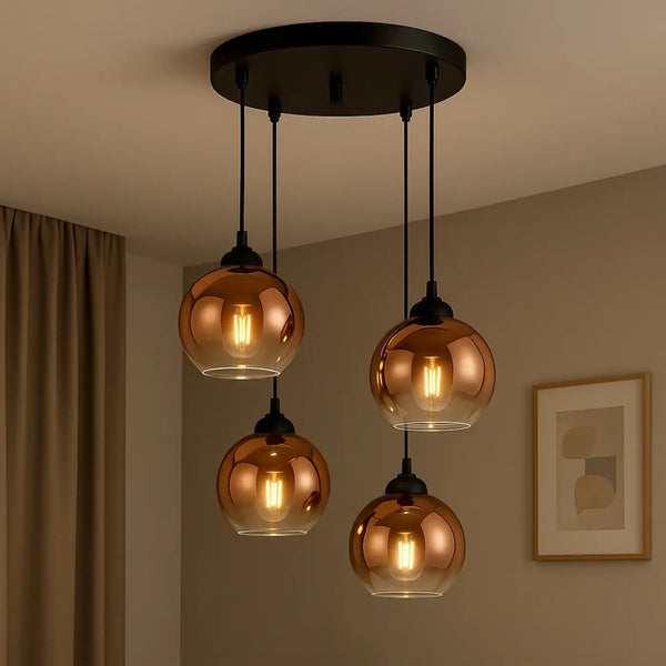 Amber Glass Vintage Pendant Light E27 Metal Frame