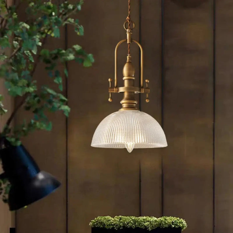 Vintage Brass Ribbed Glass Pendant Light E27 LED Gold