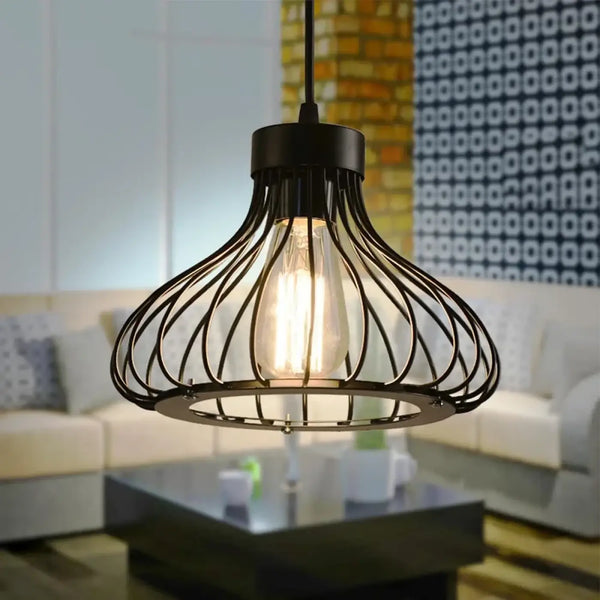 Black Metal Cage Pendant Light E27 Industrial Flared