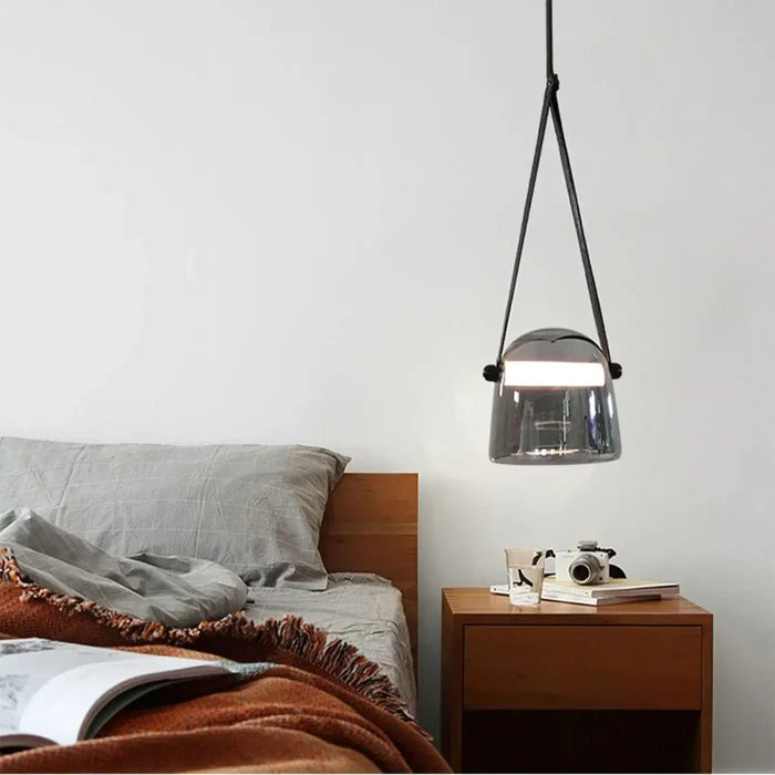 Smoked Glass Leather Strap Pendant Light E27 Dimmable 20cm